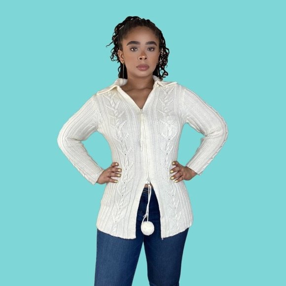 Vintage Y2K Cream Zip Up Sweater - Picture 2 of 5